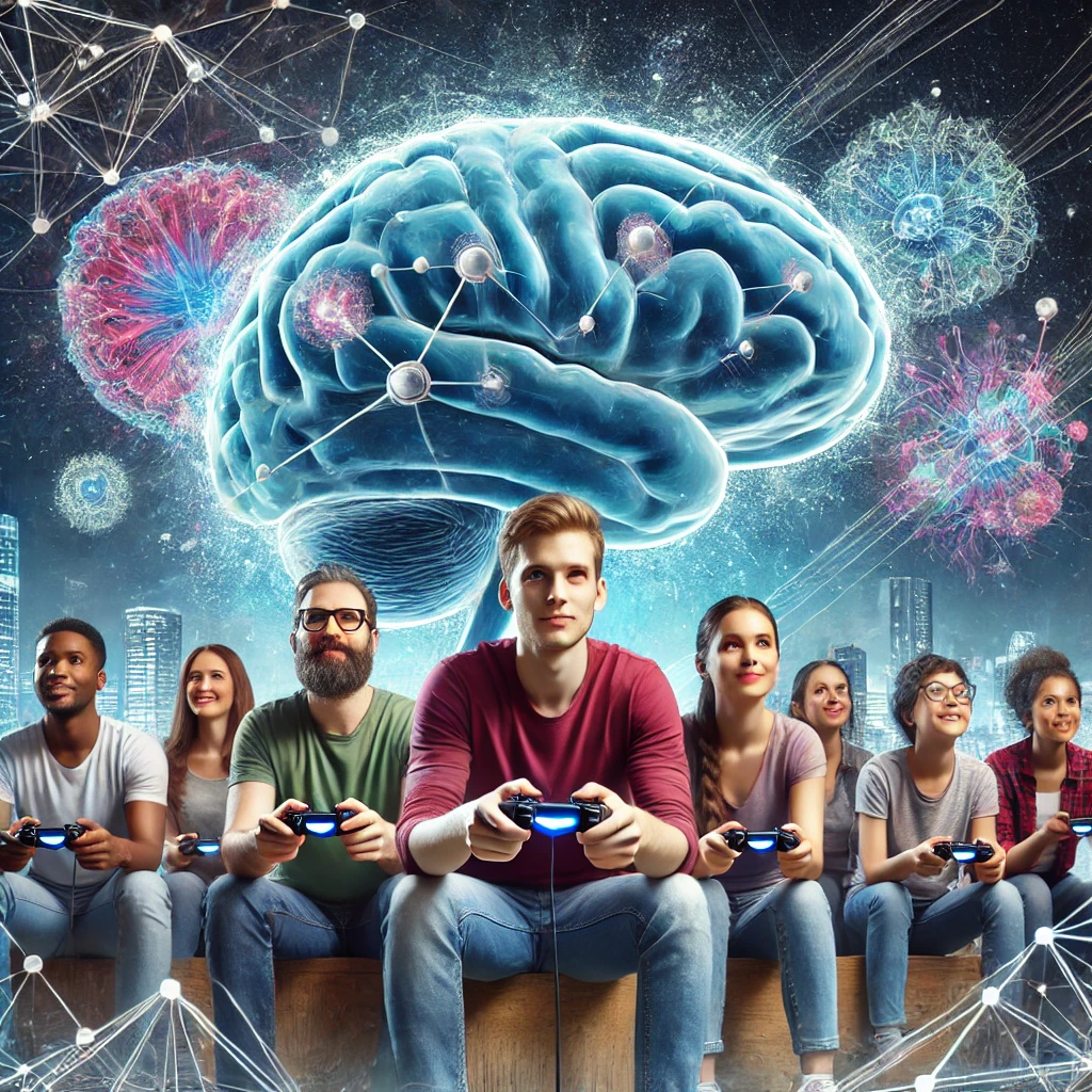 Neuroplasticity: A diverse group of people playing video games together, with brain scans in the background showing neural connections.