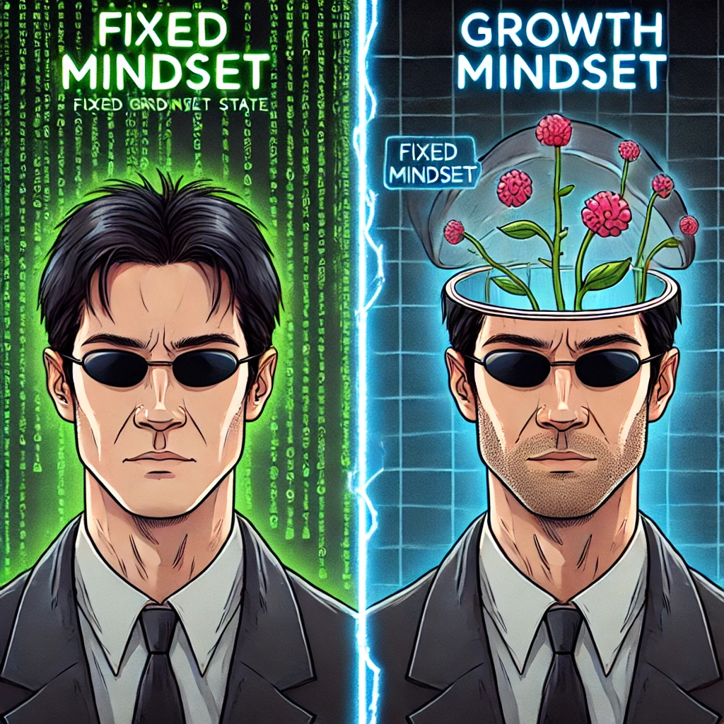 Fixed Mindset vs. Growth Mindset: A split-screen image of a character similar to Neo from The Matrix in two states—fixed mindset and growth mindset—with brain scans in the background.