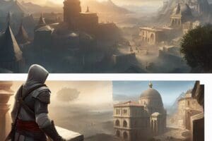 A man looks over various landscapes present in Assasin's Creed game