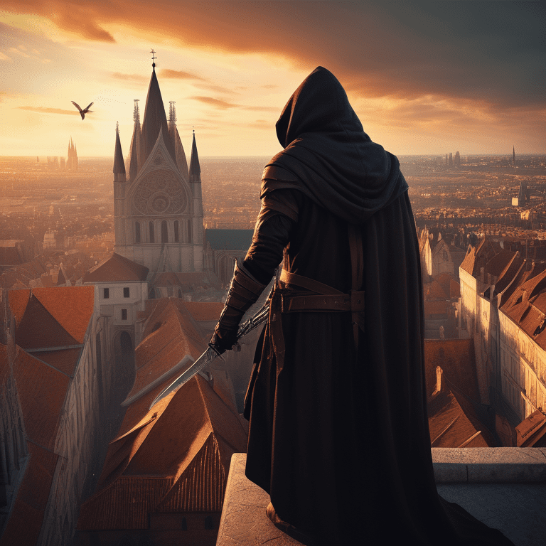 A hooded figure atop a cathedral overlooks a medieval city at sunset, with a hidden blade visible.