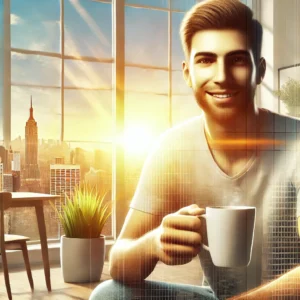 man holds cup of coffee with sunrise in the background