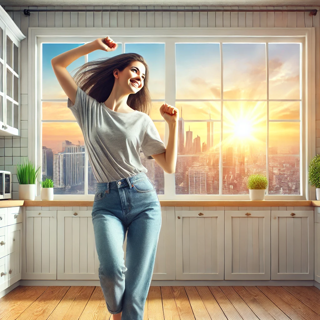 woman dancing in her kitchen with sunrise showing through windows in the background