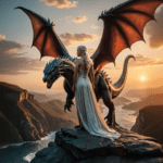 Daenerys Targaryan stands with a dragon