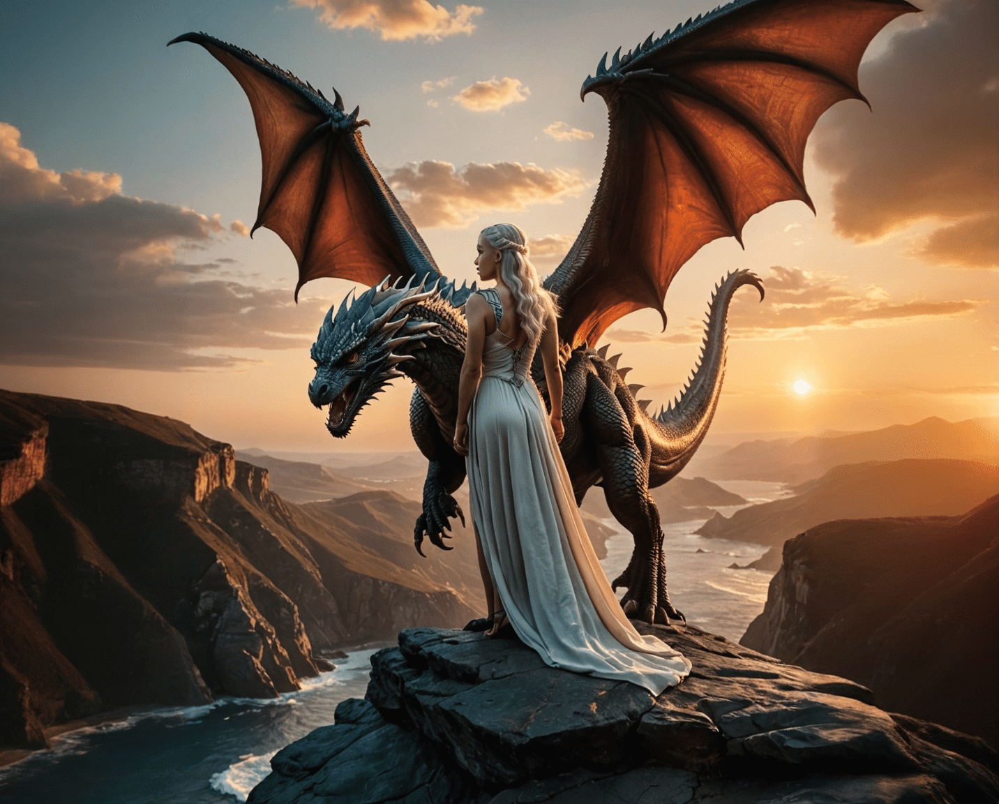 Daenerys Targaryan stands with a dragon