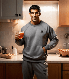 smiling man stands in his kitchen holding a drink. Cartons of eggs are on the counter in the background. 