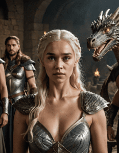 Daenerys Targaryen, standing with some of her warriors and dragons