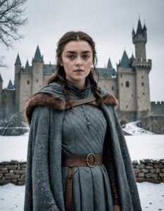 Arya Stark standing in the snow