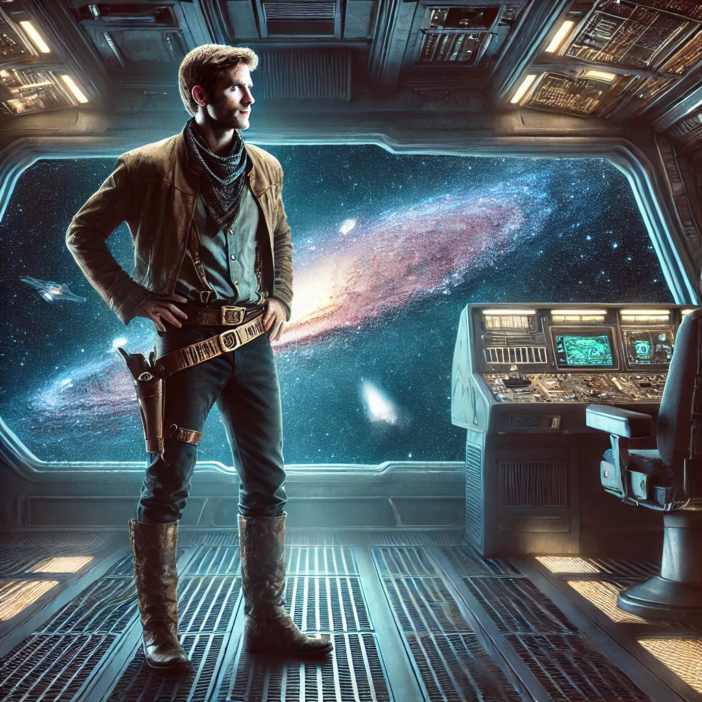 a futuristic space cowboy in a spaceship looking out into outerspace