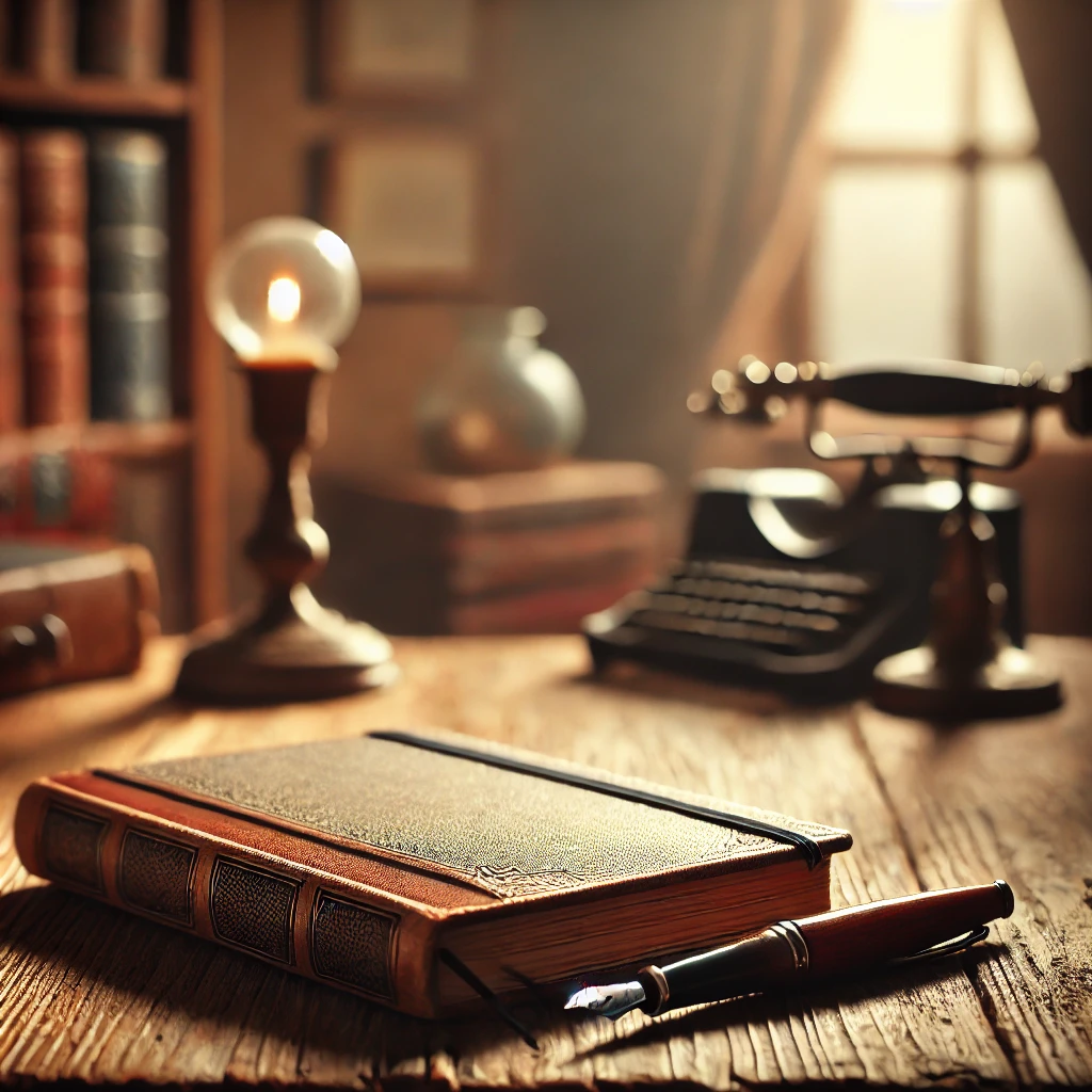 A cozy, inviting scene with a vintage journal and a fountain pen on a wooden desk. The background should include a warm, softly lit room with bookshelves and an old-fashioned lamp, evoking a sense of creativity and introspection.