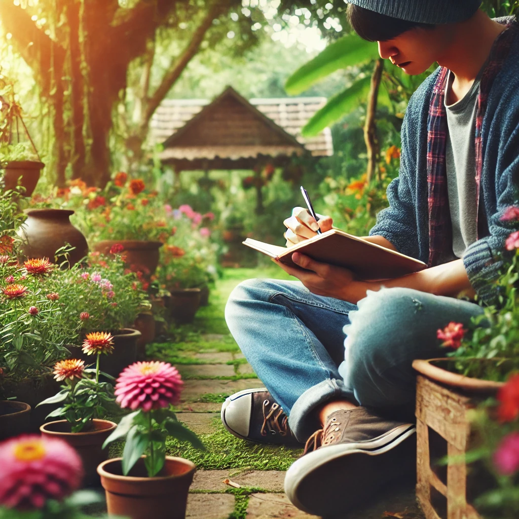 A person dressed in casual, comfortable clothes, sitting in a peaceful garden, writing in a journal. The scene should have vibrant flowers and greenery, with a serene atmosphere that inspires reflection and creativity.