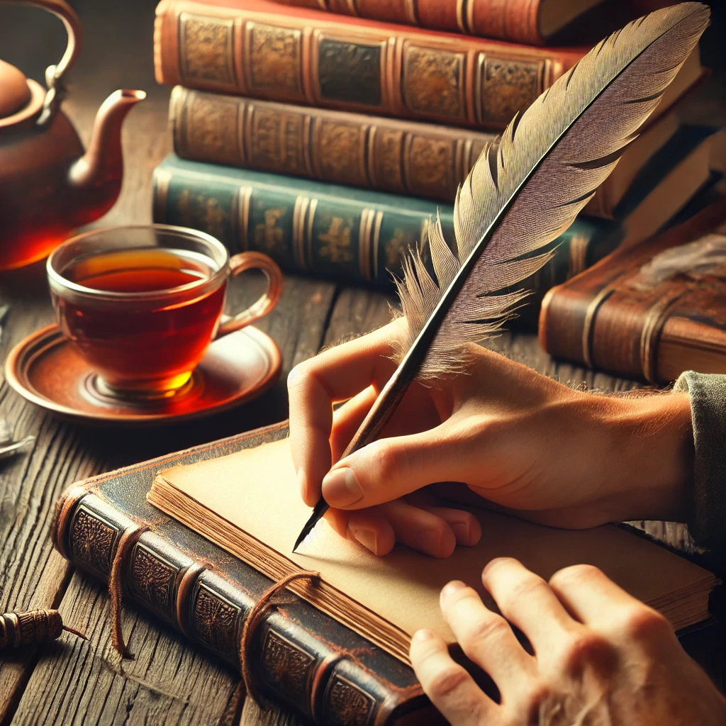 A close-up of a hand holding a quill, writing in a beautifully bound journal. The background should include classic literature books and a cup of tea, giving a timeless and literary feel.