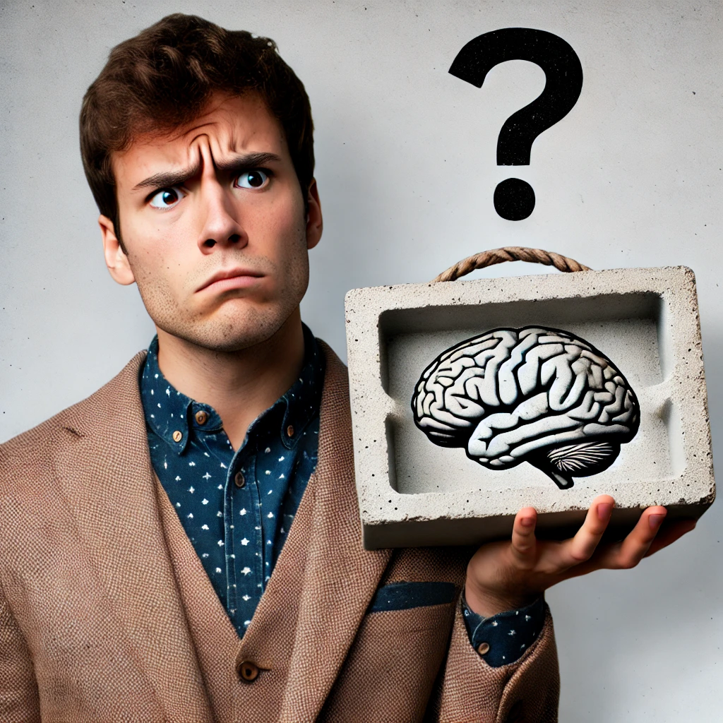 An image of a person with a perplexed expression, holding a cement block with a brain design etched into it, symbolizing the fixed mindset.