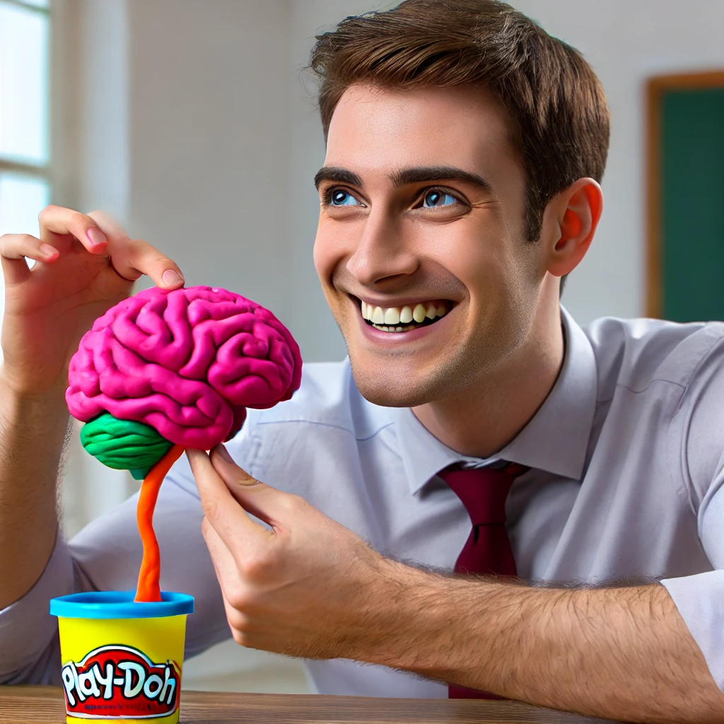 An image of a person molding a colorful Play-Doh brain, smiling and looking excited, representing the growth mindset